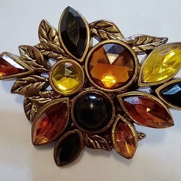 Vintage 80s Amber Black Gold Cluster Clip On Earrings Multi Gem Art Deco MCM - Picture 6 of 8